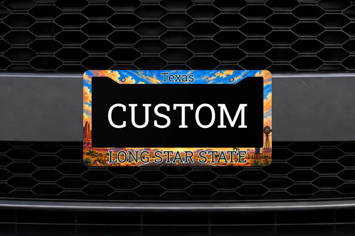 50-State Custom License Plate Frame — On A Vehicle · current design preview