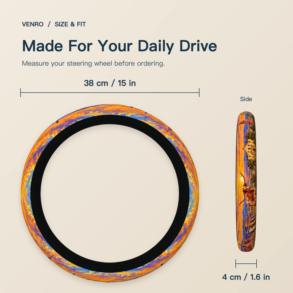 Texas Steering Wheel Cover — 38 cm Diameter And 4 cm Width Size Guide